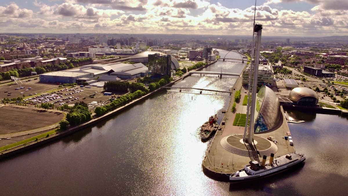 An aerial view of Glasgow along the River Clyde