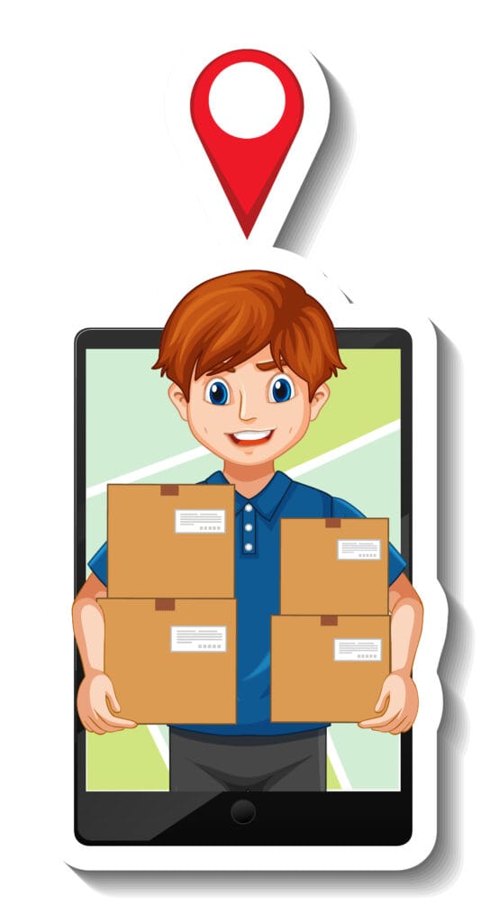 Cartoon delivery boy holding boxes emerging from smartphone, representing online book printing order and shipping services.
